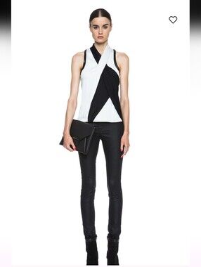 Helmut Lang Pearl Black Twisted Drape Leather Trim Crepe Top Large